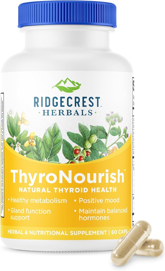 Ridgecrest Herbals ThyroNourish Thyroid Support Herbal and Vitamin Supplement with Ashwagandha L-Tyrosine Iodine Copper Kelp. Supports Energy Metabolism Health Normal Sleep (60 Caps 30 Serv)