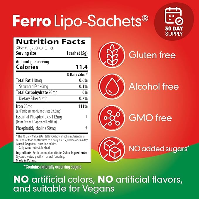 Ferro Lipo-Sachets Liposomal Iron Supplement - Liquid Iron Supplement for Women &amp Men - Gentle on the Stomach Non GMO Vegan Iron Supplements - 30 Iron Gel Packets