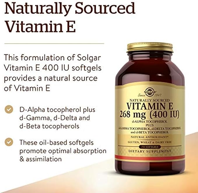 Solgar Vitamin E 268 mg (400 IU) 250 Mixed Softgels - Natural Antioxidant Skin &amp Immune System Support - Naturally-Sourced Vitamin E - Gluten Free Dairy Free - 250 Servings