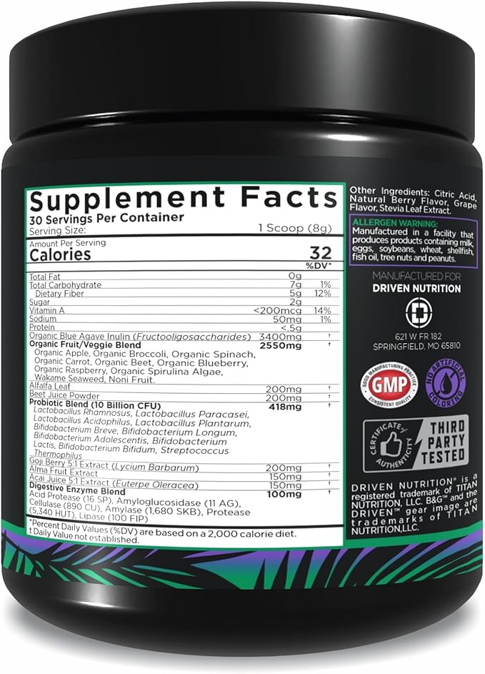 Driven B&ampG Berries &amp Greens Superfood Powder 30 Servings - Organic Plant-Based Formula with Probiotics &amp Digestive Enzymes -Supports Recovery Healthy Digestion and Immune Function