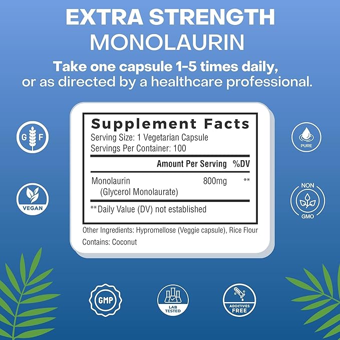 Palmara Health Extra Strength Monolaurin 1600mg per Serving 800mg per Capsule