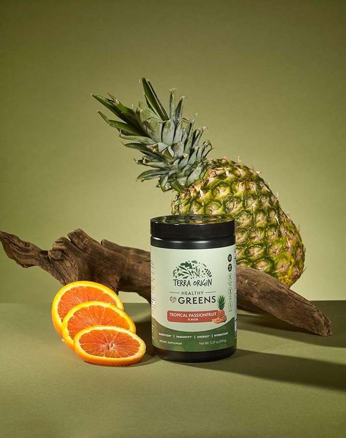 TERRA ORIGIN Healthy Greens Powder Supplement | Superfood Digestive Enzyme &amp Probiotic Blends | Immune Gut and Digestive Support for Women | Tropical Passion Fruit (30 Servings)