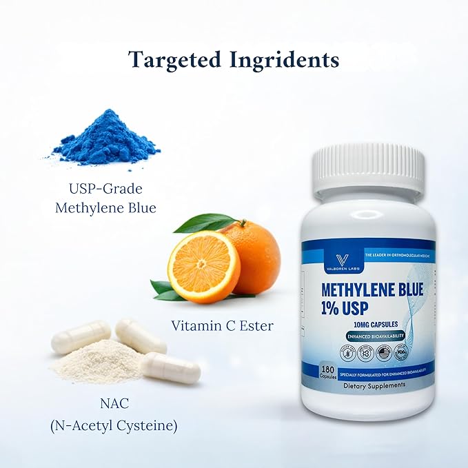 Methylene Blue Capsules 10mg - Pharmaceutical Grade Supplement - Trusted Made in America Brand - (USP Reference Compliant) with Vitamin C Ester Enhanced Absorption - Third Party Tested - 180 Pills