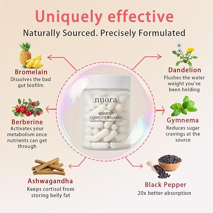 Nuora Gut Ritual Capsules for Women's Gut Health Gut Biofilm Probiotic Ritual with Berberine Promotes Metabolism and Gut Balance Vegan Non-GMO 60 Capsules