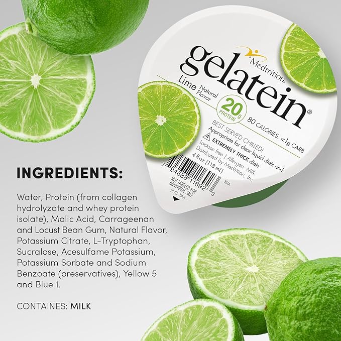 Gelatein Lime: 20 grams of protein. Sugar free. Ideal for clear liquid diets swallowing difficulties bariatric dialysis and oncology. Great pre or post-workout snack. (36 pack)