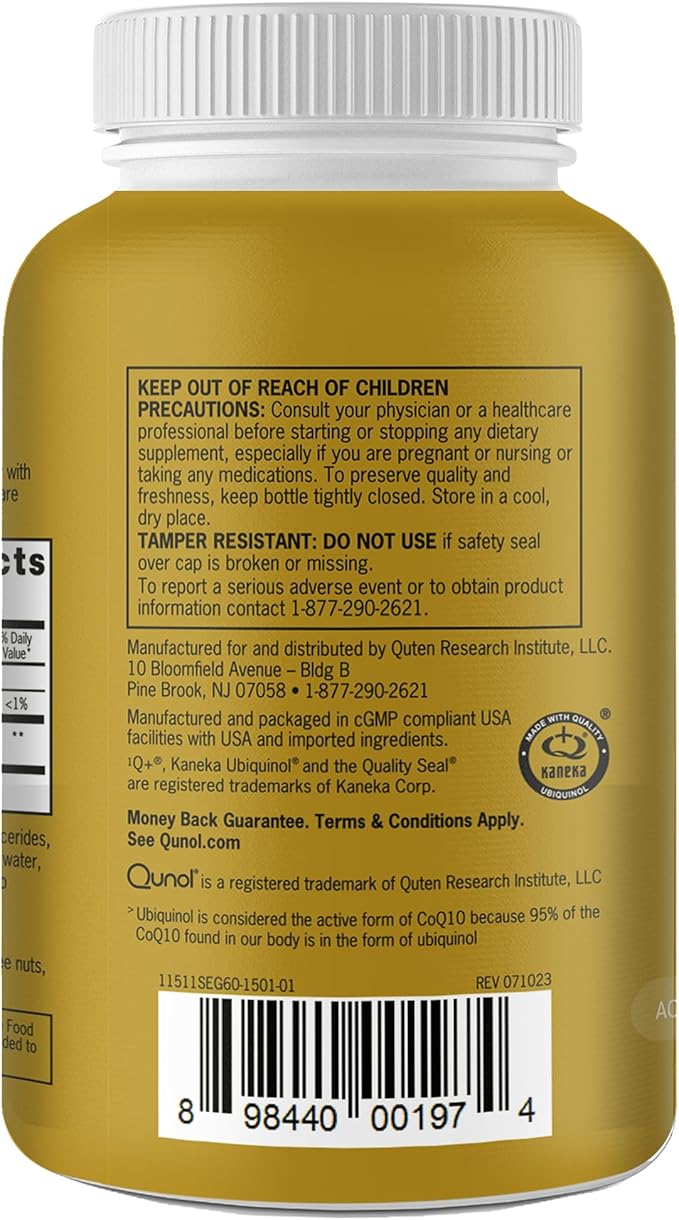 Qunol Ubiquinol CoQ10 100mg Softgels Ubiquinol - Active Form of Coenzyme Q10 Antioxidant for Heart Health Healthy Blood Pressure Levels Beneficial to Statin Users 60 Count