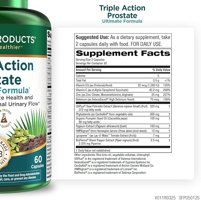 Triple Action Prostate Ultimate Formula – Men’s Prostate Supplement - Zinc Saw Palmetto Pygeum Pumpkin Seed Oil Extract &amp Phytosterols – Supports Urinary Flow Bladder &amp Heart Health – 60 C