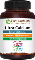 Pure Nutrition Ultra Calcium 1000mg with VIT D3 + K2 | 120 Tab | Calcium Supplement with Calcium Citrate Malate VIT D3 K2 Moringa Oleifera Magnesium and Zinc.