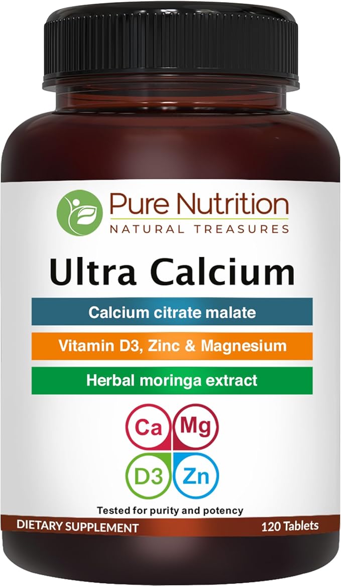 Pure Nutrition Ultra Calcium 1000mg with VIT D3 + K2 | 120 Tab | Calcium Supplement with Calcium Citrate Malate VIT D3 K2 Moringa Oleifera Magnesium and Zinc.