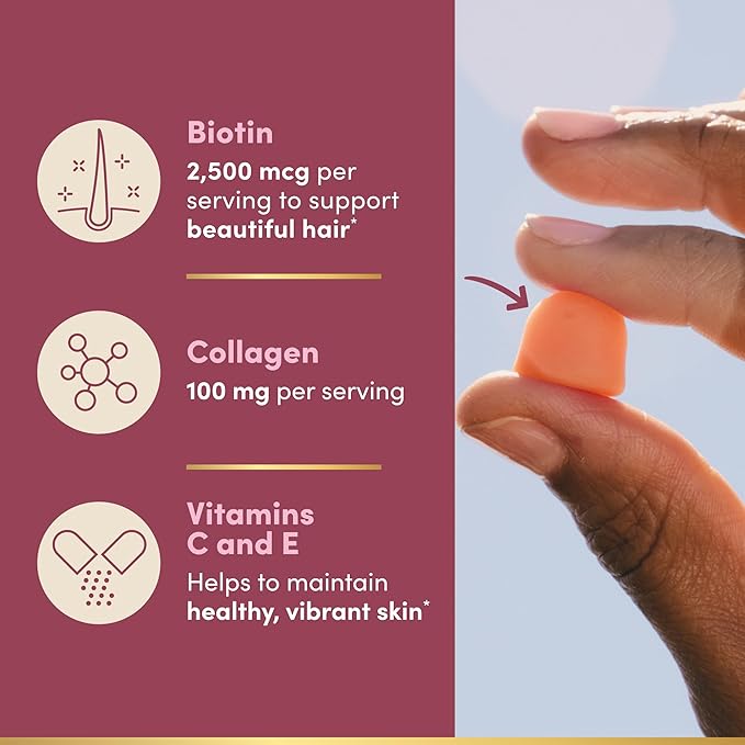 Nature's Bounty Optimal Solutions Hair Skin and Nails Collagen Pectin Gummies 100 mg Collagen and 2500 mcg Biotin Per Serving No Stick Gummy Tropical Citrus Flavor 200 ct 100 Total Servings