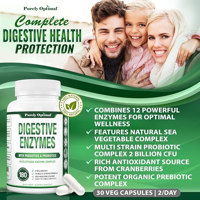 Purely Optimal Digestive Enzymes for Women and Men – Multi-Enzyme Supplement for Bloating Relief Digestion and Heavy Meal Support – with Probiotics and Prebiotics for Gut Health – 180 Capsules