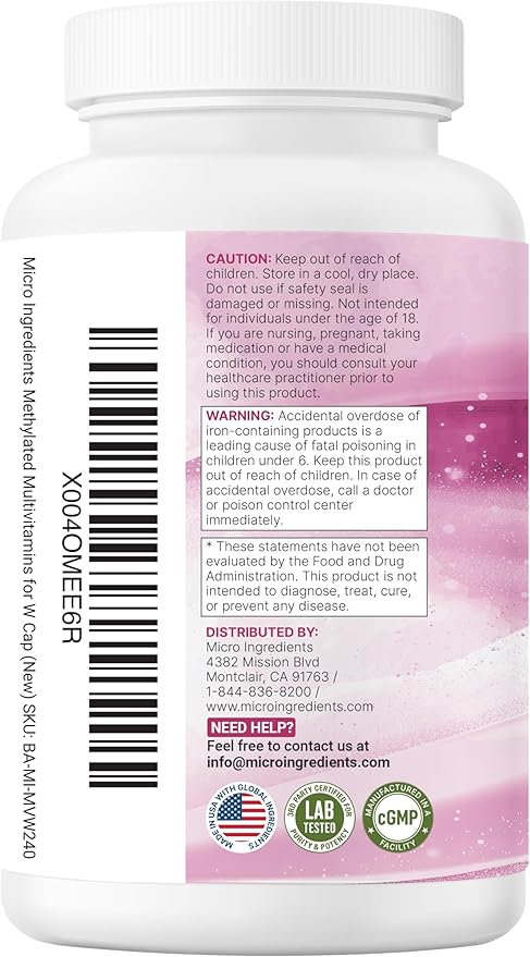 Micro Ingredients Pure Methylated Multivitamin for Women 240 Capsules | 32-in-1 Formula with Vitamin B C D + Iron Methylfolate &amp More | Supports Women 's Daily Wellness | Filler Free Non-GMO