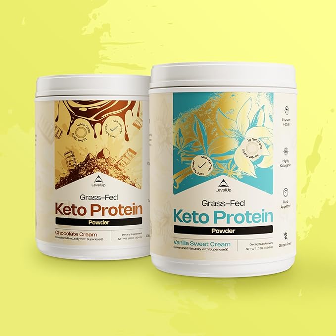 LevelUp 𝗪𝗜𝗡𝗡𝗘𝗥 - 𝗕𝗘𝗦𝗧 𝗞𝗘𝗧𝗢 𝗣𝗥𝗢𝗧𝗘𝗜𝗡 Grass-fed Collagen Protein Powder C8 MCT Oil Whey Protein Isolate Irish Butter Ketogenic Protein Shake Supplement (Chocolate Cream)