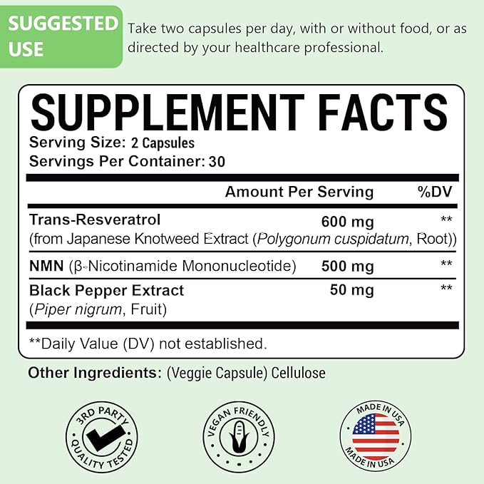 99% Ultra Purity NMN 500mg + Trans-Resveratrol 600mg 1150mg NMN Resveratrol Supplement 3-in-1 Advanced Formula for Boost* NAD Cell Immune Energy &amp Muscle Healthy Aging Stabilized Form 120