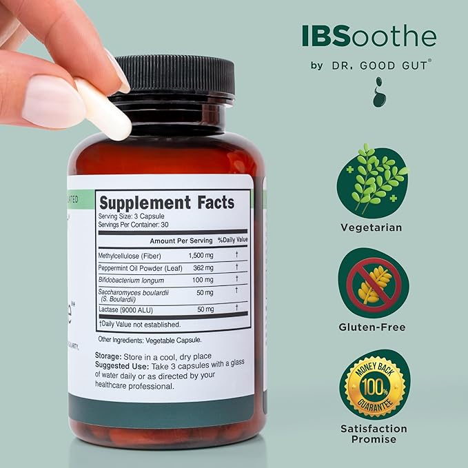 IBSoothe Digestive Health Supplement for Women &amp Men with Fiber Probiotics Enzymes &amp Peppermint Oil for Gas Relief IBS/Constipation Relief 90 Capsules