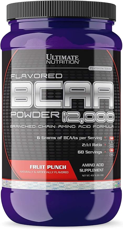 Ultimate Nutrition Flavored BCAA Powder 12000 Branched Chain Post Workout Amino Acid Supplement Caffeine-Free with 3g Leucine 1.5g Valine 1.5g Isoleucine- Fruit Punch 60 Servings