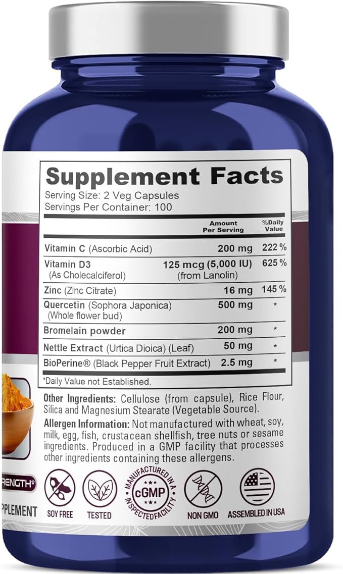 NusaPure Quercetin Complex: Bromelain Vitamin C Vitamin D3 Stinging Nettle Zinc | 200 Veggie Caps (Non-GMO Bioperine) (Pack of 2)