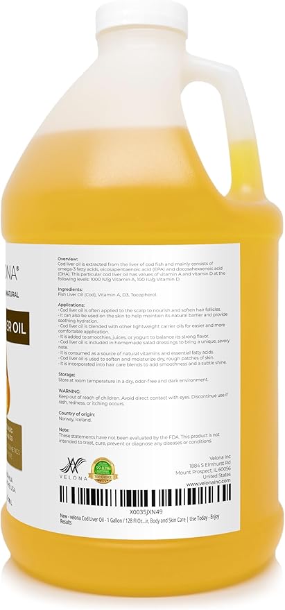 velona Cod Liver Oil - 1 Gallon / 128 Fl Oz | 1000A/100D IU/g Omega 3 Vitamins A &amp D3 | Norwegian Arctic Sustainably Sourced Nordic Oil | Hair Body and Skin Care | Use Today - Enjoy Results