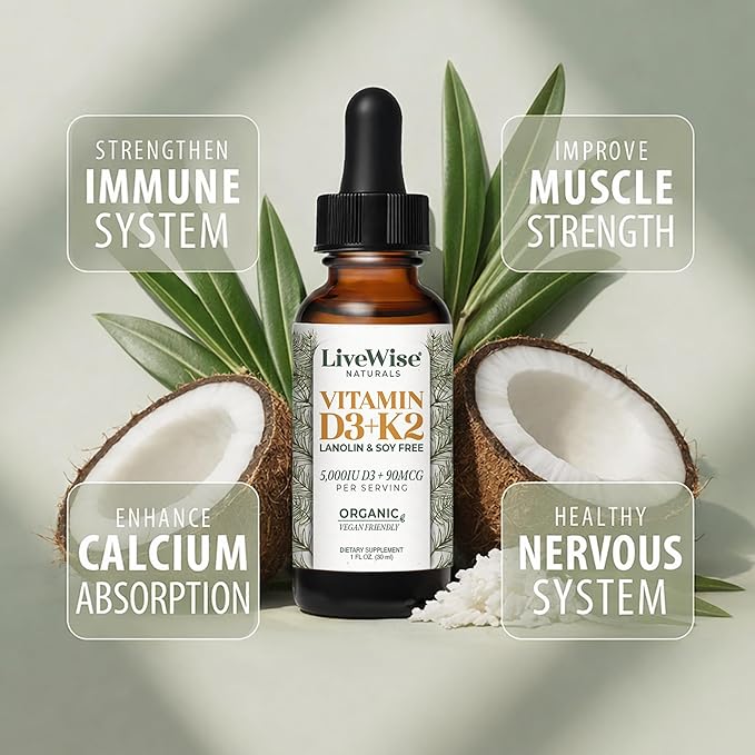 Live Wise Naturals Vegan D3 K2 Vitamin 5000 IU 90 MCG (MK-7) Drops - 60 Servings Ultra Concentrated Formulation and Fast Absorption - Precision Micro-Dosing Dropper for Cognitive &amp Immune Suppo