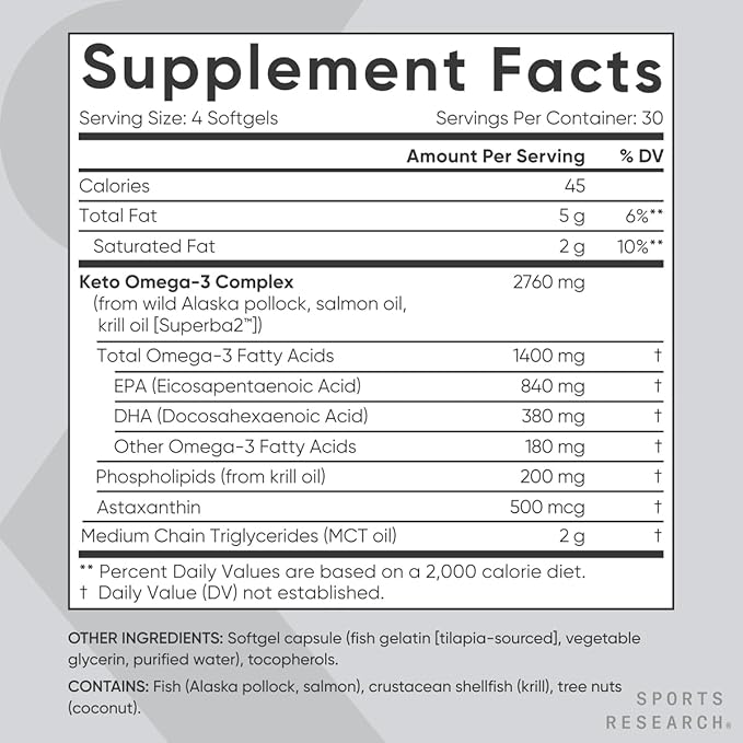 Sports Research Keto Omega Fish Oil with Wild Sockeye Salmon Antarctic Krill Oil Astaxanthin &amp Coconut MCT Oil - 1200mg of EPA &amp DHA per Serving | Keto Certified &amp Non-GMO Verified (120