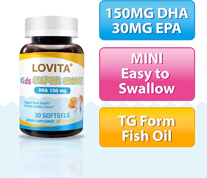 LOVITA 6-Pack Family Wellness Bundle - 3 Adult Fish Oil (120ct) &amp 3 Kid’s DHA (30ct) rTG Omega-3 &amp Lemon Flavor Brain Support