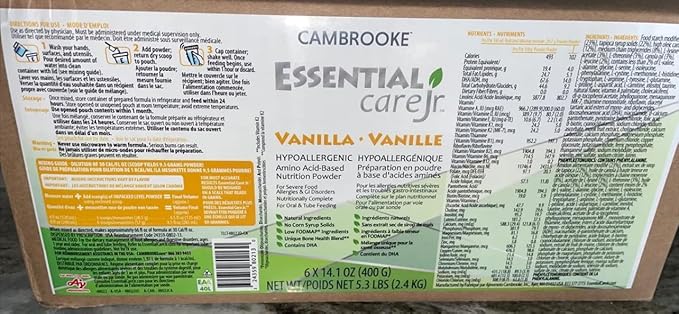 Essential Care JR Unflavored Hypoallergenic Amino Acid-Based Nutrition Powder (Case of 6 Packages Vanilla)