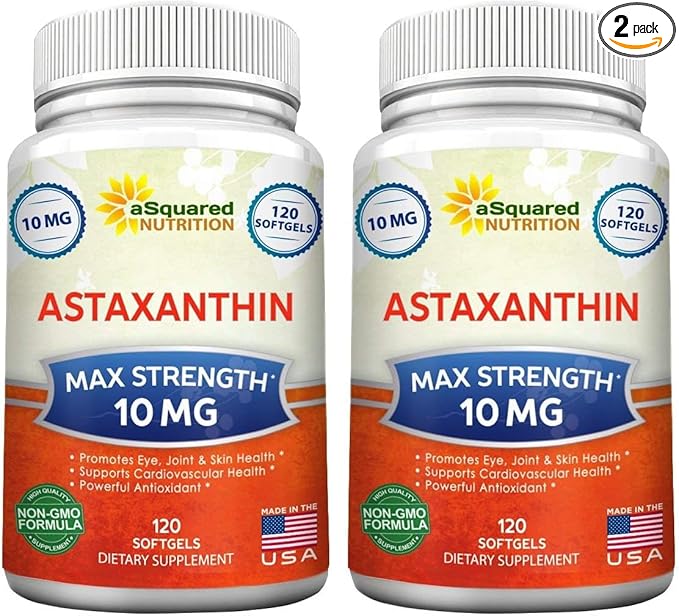 aSquared Nutrition Astaxanthin Supplement - Natural Astaxanthin Pills from Haematococcus Pluvialis Extract for Pure Energy - Max Strength 10mg - 120 Softgels (Pack of 2)