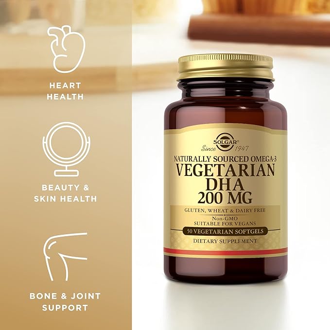 Solgar Vegetarian DHA 200 mg - 50 Vegetarian Softgels - Naturally Sourced Omega-3 - Vegan Gluten Free Dairy Free - 50 Servings