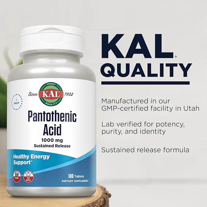 KAL Pantothenic Acid 1000mg Supplement for Men &amp Women - Vitamin B5 1000 mg Supports Cellular Energy Metabolism Nerve Function Sustained Release Vegan - 100 Tablets