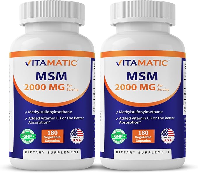 Vitamatic MSM 2000 mg with Vitamin C 75mg per Serving - 180 Veg Capsules - Vitamin C Aid in Better absopriton of MSM (Methylsulfonylmethane) - Non-GMO &amp Gluten Free-2 Pack