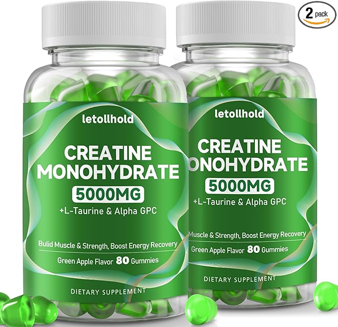 2-Pack Creatine Gummies for Women＆Men - 5g Creatine Monohydrate Gummies with L-Taurine &amp Alpha Gpc for Boost Focus Endurance Strength and Muscle Growth - Vegan Non-GMO (Green Apple 160 ct)