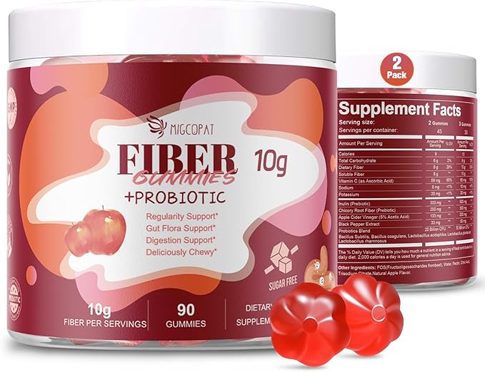 Sugar Free Fiber Supplement 10g Fiber Gummies for Adults Apple Flavor with Probiotics Vitamin C ACV Inulin Support Digestive Health 90 Count (Pack of 2)
