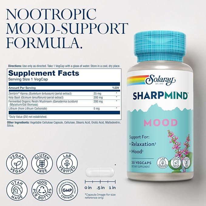 SOLARAY SharpMind Mood Support Supplement Nootropic for Relaxation and Emotional Well-Being Zembrin Holy Basil Lithium 5mg Organic Reishi Mushroom 60 Day Guarantee 30 Servings 30 VegCaps