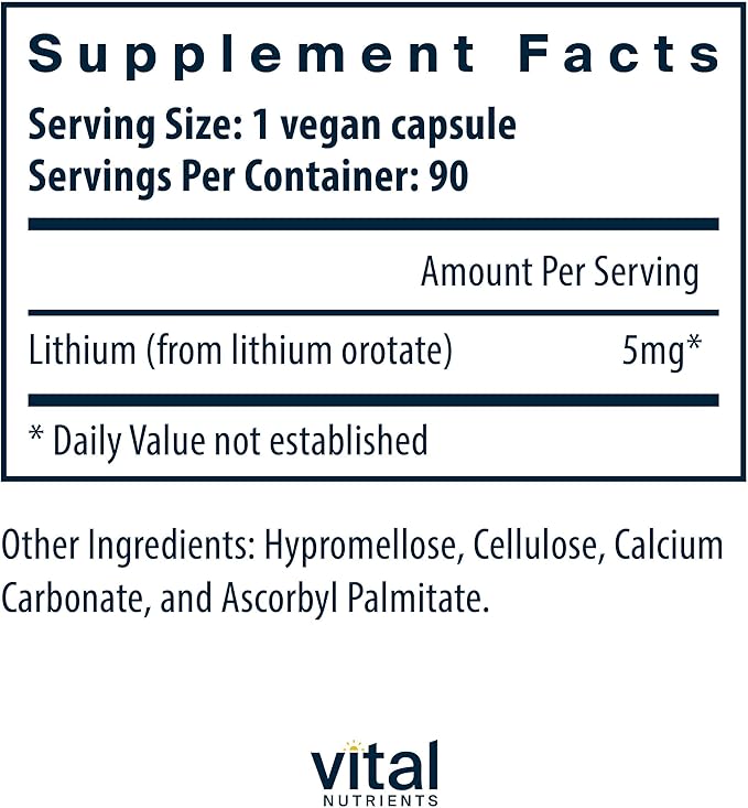 Vital Nutrients Lithium Orotate - Vegan Lithium Supplements for Memory State of Mind and Behavioral Health*- 5mg - Gluten Dairy Soy Free - 90 Capsules