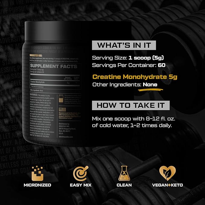 HOSSTILE Creatine Monohydrate Powder for Men &amp Women Micronized Improve Muscle Size Strength &amp Power Output Post Workout Recovery Drink Unflavored 60 Servings