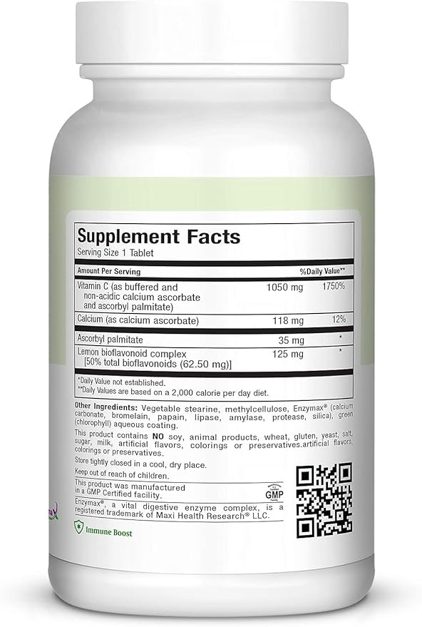 Maxi Health Vitamin C 1050mg – Buffered C Complex with Calcium Ascorbate &amp Bioflavonoids – Immune Support Supplement Non-Acidic Gentle on Stomach Gradual Release – 90 Tablets