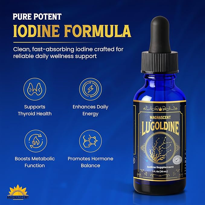 Lugoldine Iodine Drops 1 oz – Patented Process (US20090022816A1) 150 mcg Iodine (100% Daily Value) Alcohol-Free &amp Glycerin-Free Liquid Iodine Supplement (1 Ounce (Pack of 1))