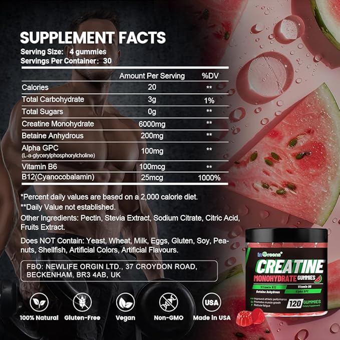 inGreens Creatine Monohydrate Gummies 6g for Men &amp Women Sugar-Free Creatine Chewables with Betaine Alpha GPC Vitamin B6 &amp B12 Natural Berry Flavor Gluten-Free 120 Count
