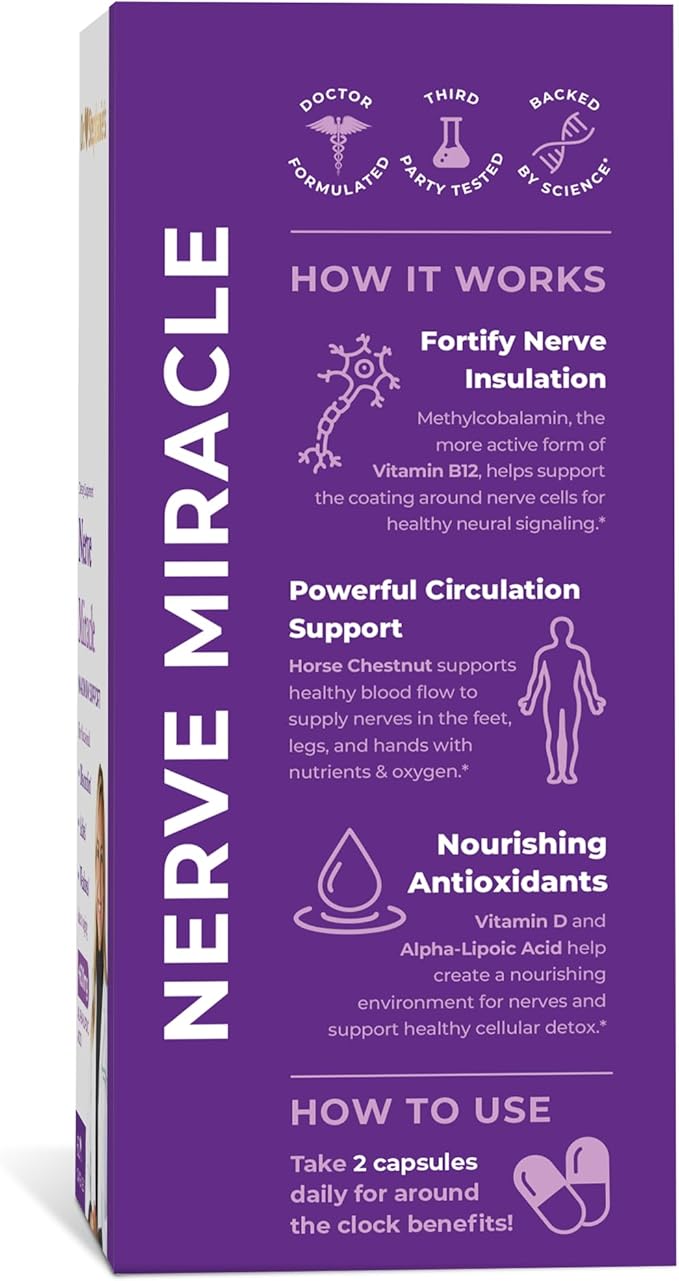 Nerve Miracle Maximum Strength Supplement | Nerve Health Support | Legs Feet Hands Toes | Mega Dose of Alpha Lipoic Acid ALA &amp Vitamin B12 (Pack of 2)