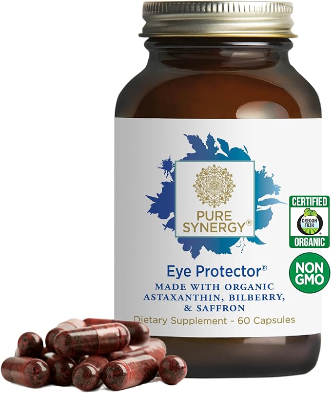 PURE SYNERGY Eye Protector | 100% Natural Vegan Eye Health Supplement | with Organic Astaxanthin Lutein &amp Zeaxanthin | for Healthy Vision (60 Capsules)