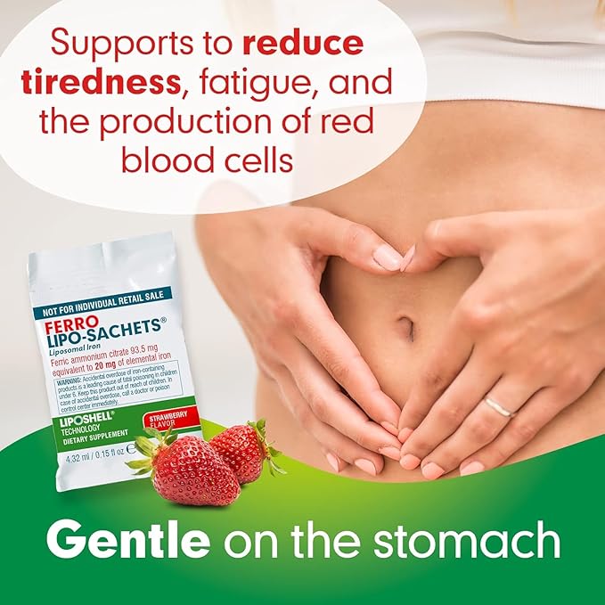 Ferro Lipo-Sachets Liposomal Iron Supplement - Liquid Iron Supplement for Women &amp Men - Gentle on the Stomach Non GMO Vegan Iron Supplements - 30 Iron Gel Packets