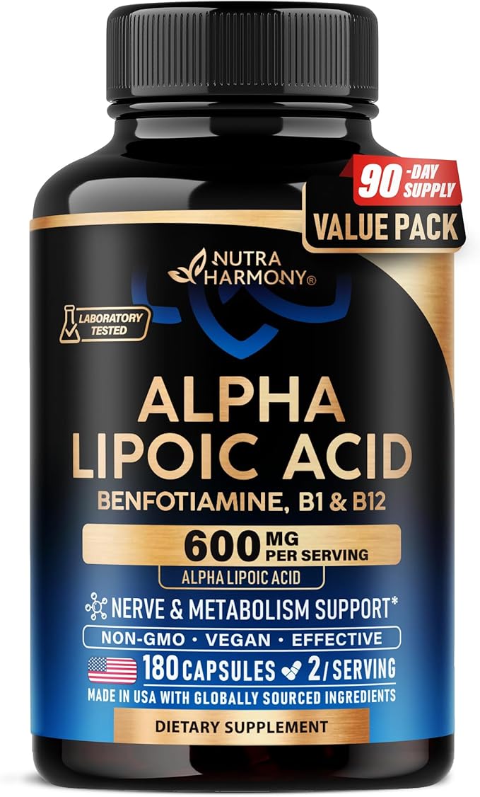 Alpha Lipoic Acid 600mg - ALA Supplement Antioxidant for Nerve Energy &amp Metabolism Support - Extra Strength with Benfotiamine B1 &amp B12 - Lab Tested NON-GMO &amp Vegan - 180 Capsules 3 Mon