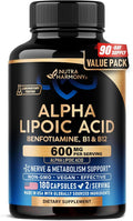 Alpha Lipoic Acid 600mg - ALA Supplement Antioxidant for Nerve Energy &amp Metabolism Support - Extra Strength with Benfotiamine B1 &amp B12 - Lab Tested NON-GMO &amp Vegan - 180 Capsules 3 Mon