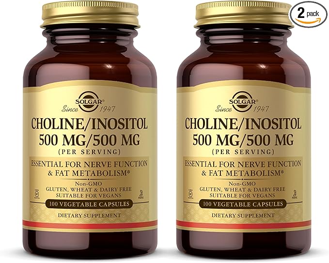 Solgar Choline/Inositol 500 mg/500 mg 100 Vegetable Capsules (Pack of 2) - Energy Metabolism Liver Health Essential for Brain &amp Nerve Function - Non-GMO Vegan Kosher - 100 Total Servings