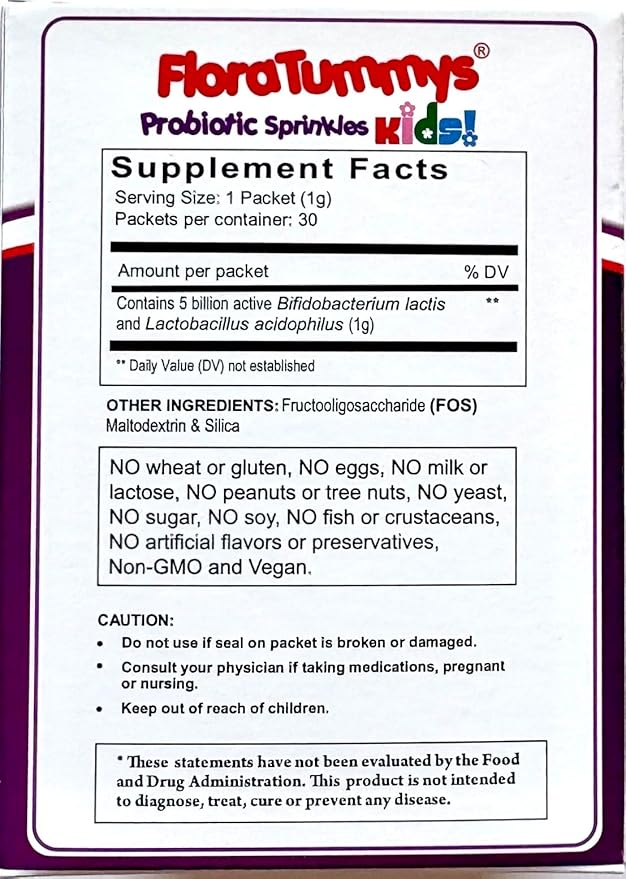 FloraTummys Probiotics for Kids: 30 Taste-Free Powder Packets Free of Food Allergens Non-Dairy Gluten Free Sugar Free Non-GMO Vegan
