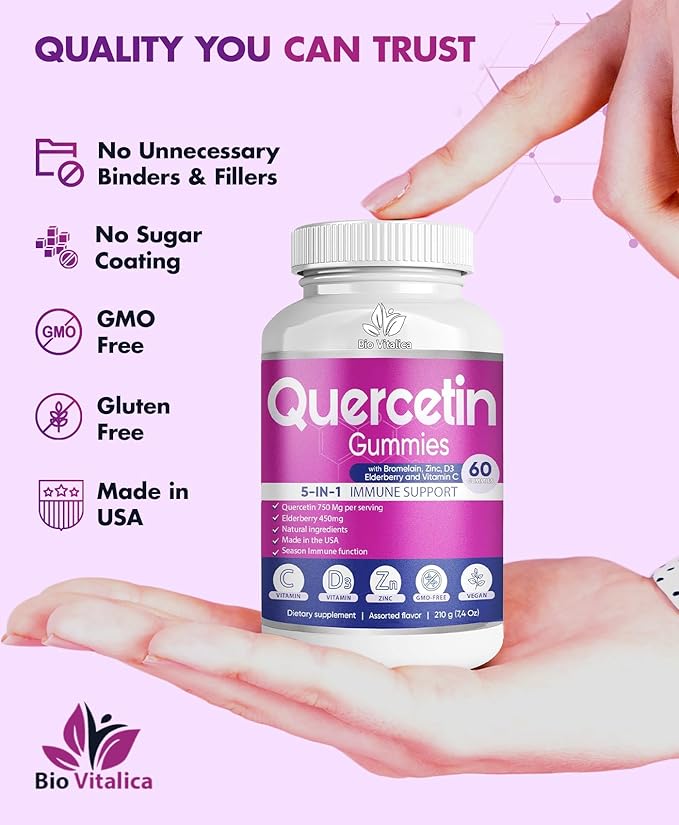(2 Pack) Quercetin Gummies by BioVitalica - Quercetin with Bromelain Vitamin C and Zinc &amp Elderberry + Vitamin D3-5 in 1 Immune Support - Zinc Quercetin 750 mg for Kids and Adults