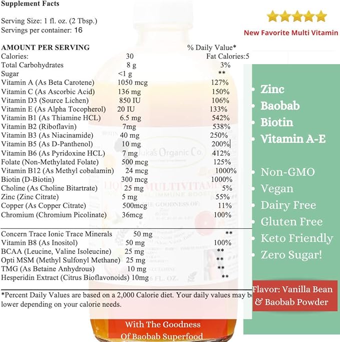 Liquid Multivitamin by Juka's Organic Co. For SKIN | HAIR | NAILS with Zinc | Biotin |Baobab | Vitamin A-E |Traced Minerals Amino Acid | Boost Immune Energy &amp Digestive System In Glass Bottles 1