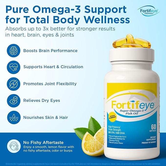 Fortifeye Omega 3 Fish Oil 180Count 1600 mg Made in Norway - High Potency rTG Form Supplement with EPA &amp DHA Triple Strength Fish Oil Softgels for Men Women No Fishy Aftertaste Natural Lemon Fl