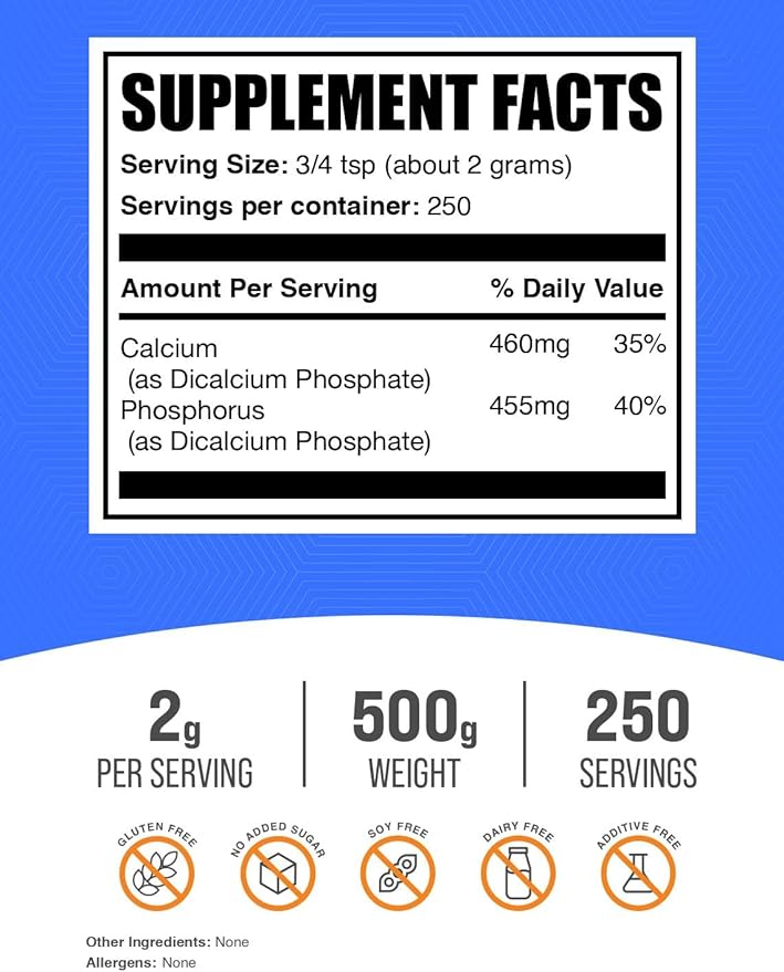 BulkSupplements.com Dicalcium Phosphate Powder - Calcium Supplement DCP Supplement - Unflavored &amp Gluten Free 2g per Serving 500g (1.1 lbs) (Pack of 1)