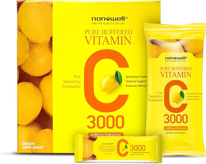 NANOWELL Pure Buffered Vitamin C 3000 mg per Serving Dietary Supplement for Immune Support - 60 Sticks x 1 Box 2 Months Supply (60 Count)